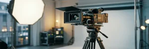 Professionele filmcamera op statief in een modern Amsterdams studio met witte cyclorama, zachte bokeh en cinematografische diepte.
