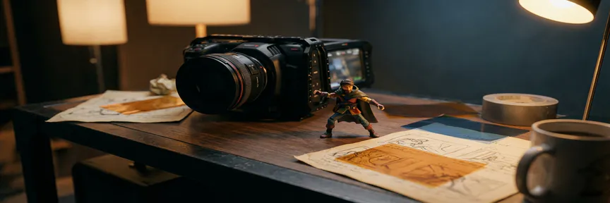 Professionele videocamera op productiebureau gericht op geanimeerd karakterfiguurtje, omringd door storyboardschetsen en kleurfilters in warm studiolicht.