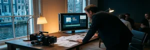 Videodirecteur bekijkt B2B-uitlegvideo op bioscoopmonitor in Amsterdams studio met storyboards en schoudercamera op eiken bureau.