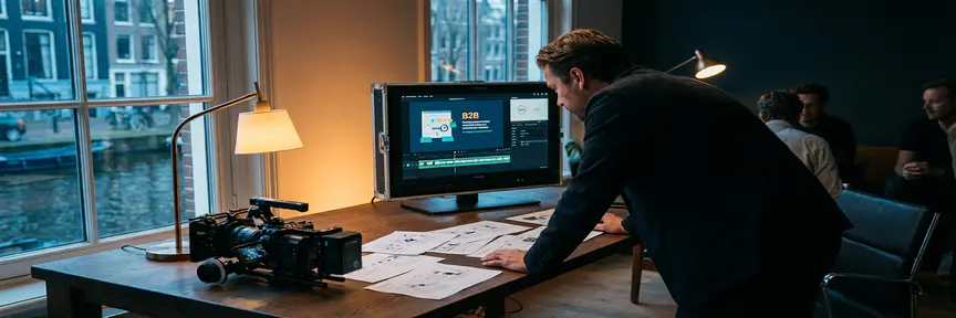 Videodirecteur bekijkt B2B-uitlegvideo op bioscoopmonitor in Amsterdams studio met storyboards en schoudercamera op eiken bureau.