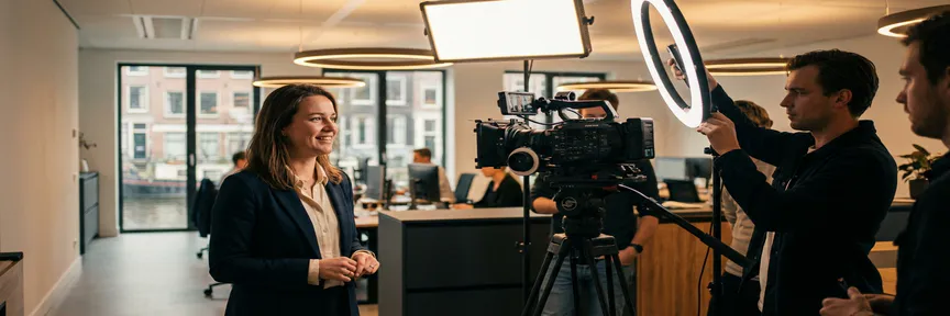 Videocrew filmt een zelfverzekerde medewerker in een modern Amsterdams kantoor met studioverlichting en bokeh achtergrond.