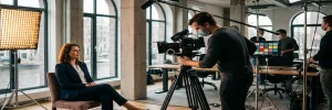 Videocrew met cinema camera op statief filmt zakenvrouw in modern Amsterdams kantoor, zacht sleutellicht en grote ramen op de achtergrond.