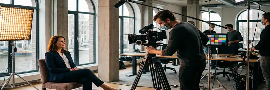 Videocrew met cinema camera op statief filmt zakenvrouw in modern Amsterdams kantoor, zacht sleutellicht en grote ramen op de achtergrond.