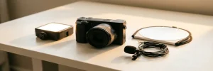 Compacte spiegelloze camera op wit bureau met LED-paneel, lavaliermicrofoon en reflectiekaart in warm gouden zijlicht.