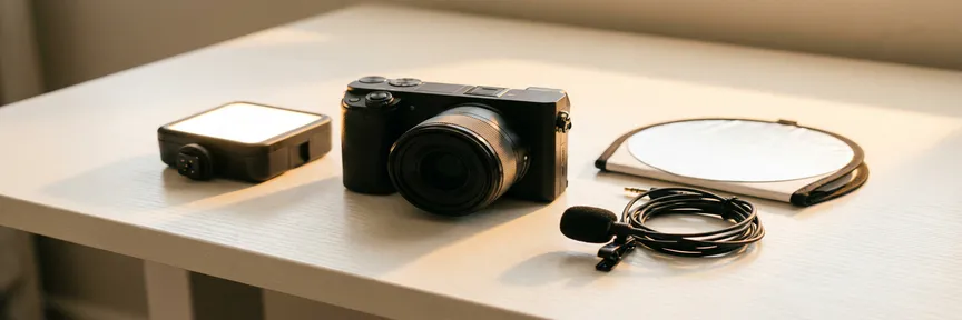 Compacte spiegelloze camera op wit bureau met LED-paneel, lavaliermicrofoon en reflectiekaart in warm gouden zijlicht.