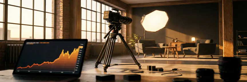 Professionele camera op statief gericht op interviewopstelling in Amsterdams studio, met laptop met analysegrafieken op de voorgrond.