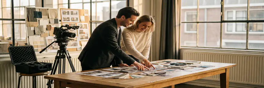 Creatief directeur en klant bespreken moodboards en storyboards op een eikenhouten productietafel in een Amsterdams studio met warm amberkleurig licht.