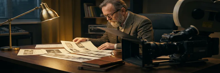 Creatief directeur bekijkt videopresentaties op studio-bureau met professionele filmcamera op voorgrond, warm amberkleurig licht.