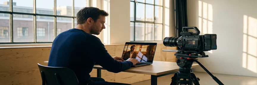 Filmmaker bekijkt B2B-videomateriaal op laptop in minimalistisch Amsterdams studio met cinema-camera en warm goudkleurig licht.