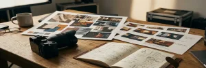 Filmmakers eikenhouten bureau met storyboard frames, moodboard en spiegelloze camera in warm amber studiolicht.