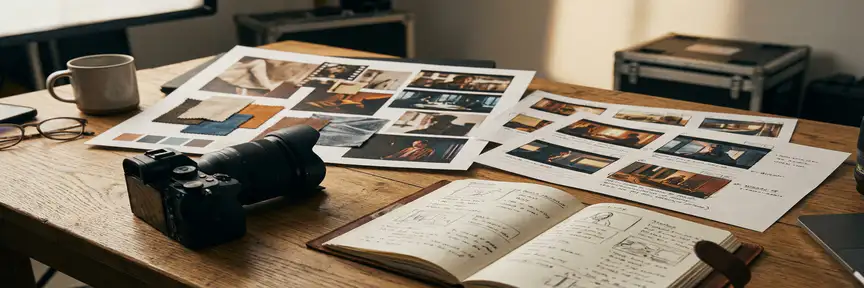 Filmmakers eikenhouten bureau met storyboard frames, moodboard en spiegelloze camera in warm amber studiolicht.