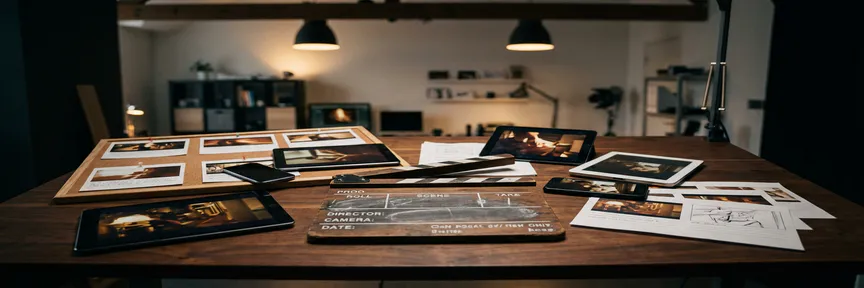 Filmklapper op een studio-bureau in Amsterdam, omringd door schermen en storyboard-frames in houtskool- en amberkleurige tinten.
