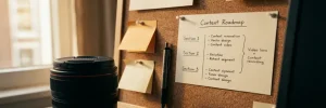 Contentroadmap op dik papier geprikt aan een kurkbord, naast een videocameralens, sticky notes en pen in warm Amsterdam studiolight.