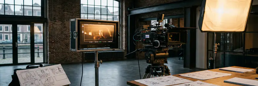 Professionele videomonitor met warm amber beeldmateriaal in een Amsterdamse filmstudio, omringd door een cinema camera en storyboard vellen.