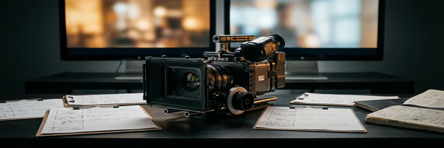 Professionele videostudio met cinema camera, storyboard sheets en kleurrijke monitoren op een georganiseerd bureau.