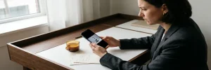 Professional bekijkt productvideo op smartphone aan minimalistisch bureau met koffie en notities, warm licht vanuit zijraam.
