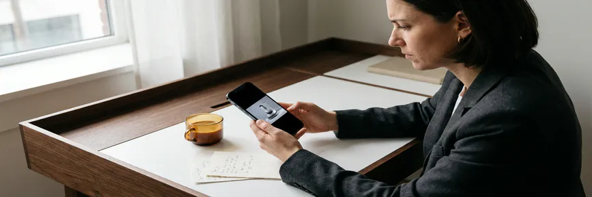 Professional bekijkt productvideo op smartphone aan minimalistisch bureau met koffie en notities, warm licht vanuit zijraam.