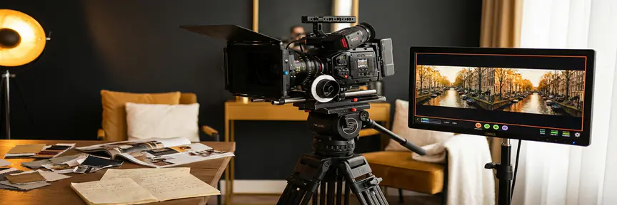 Professionele videocamera op statief in Amsterdams studio met gloeiende monitor en moodboard, verlicht door warm tungstenlicht.