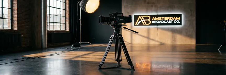 Professionele videocamera op statief gericht op een merklogo in een modern Amsterdams studio met warm sfeerverlichting.