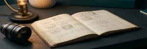 Open regisseursnotitieboek met storyboardschetsen en tijdlijnrasters naast een cameraobjectief op een studio bureau, warm amberkleurig licht.