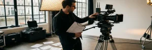 Videodirecteur bekijkt shotlijst op klembord naast een cineracamera op statief in een Amsterdamse studio met warme belichting.