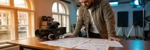 Videodirecteur bekijkt storyboards op productiedesk naast een cineacamera met prime lens, warm licht in modern Amsterdams studio.