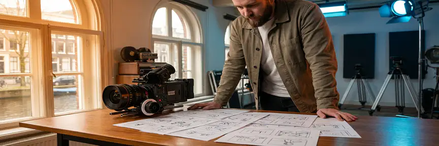 Videodirecteur bekijkt storyboards op productiedesk naast een cineacamera met prime lens, warm licht in modern Amsterdams studio.