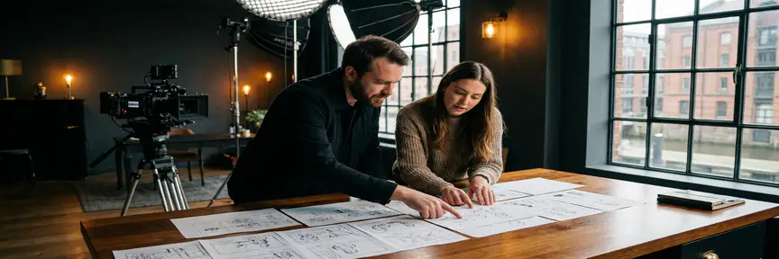 Videodirecteur en creatief medewerker bekijken storyboards op productiebureau in moderne Amsterdamse studio met cinematografische camera op achtergrond.