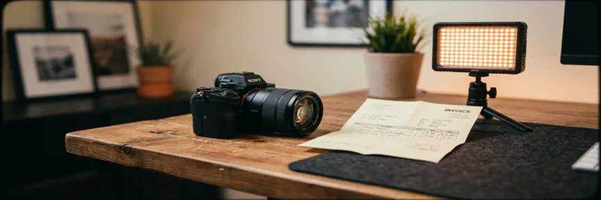 Compacte systeemcamera op houten bureau naast een zakelijke factuur en LED-verlichtingspaneel, warm gouden licht, kleine studio-opstelling.