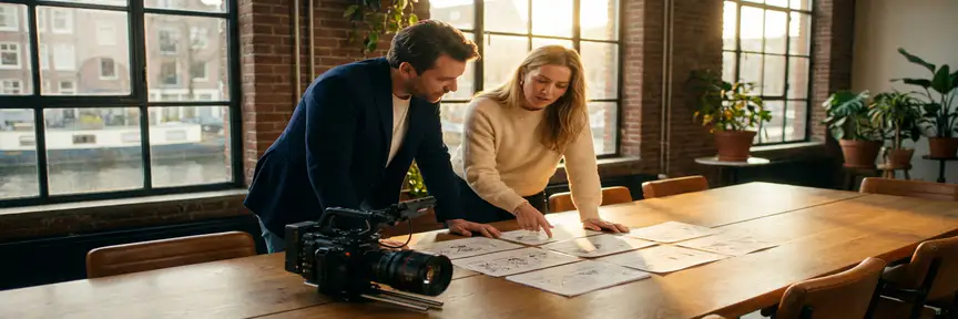 Videodirecteur en marketingstrateeg overleggen aan vergadertafel met storyboards en camera in licht Amsterdams studio.
