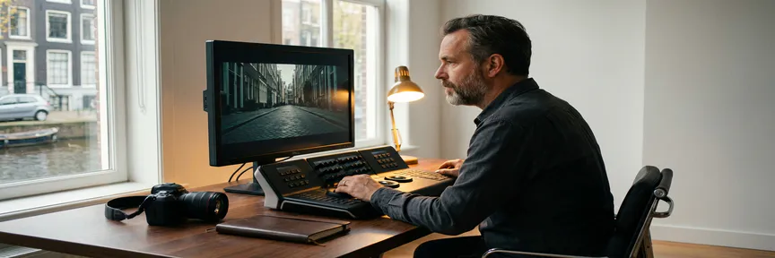 Videodirecteur bekijkt cinematografische beelden op professionele monitor in Amsterdams studio, camera en lens op bureau, warm amberkleurig licht.