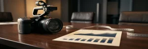 Professionele videocamera op bureau naast analytics rapport met groeicurves, meetlint, warme amberkleurige studiosfeer.