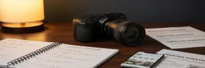 Professionele videocamera op modern bureau met contentkalender, blogartikelen en smartphone met social feed in warm amber flatlay.