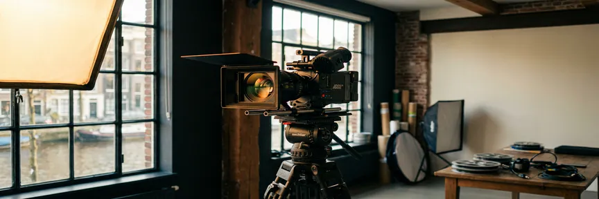 Professionele videocamera op statief in een Amsterdams studio, verlicht door warm ambergekleurd licht met softbox op de achtergrond.