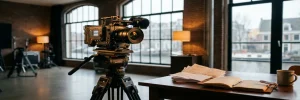 Professionele videocamera op statief in Amsterdamse studio, met productie-facturen en budgetnotitie op tafel, warm amberkleurig licht.