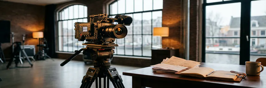 Professionele videocamera op statief in Amsterdamse studio, met productie-facturen en budgetnotitie op tafel, warm amberkleurig licht.