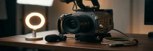 Professionele videocamera op studio-bureau met LED-ringlicht, microfoon en kabel voor een instap videoproductieopstelling.
