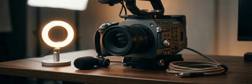 Professionele videocamera op studio-bureau met LED-ringlicht, microfoon en kabel voor een instap videoproductieopstelling.
