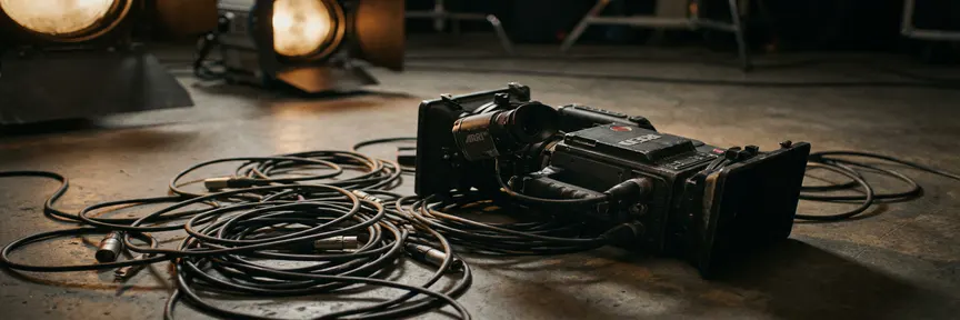 Omgevallen professionele videocamera op studiovloer met verstrengelde audiokabels, dramatische zijverlichting en onscherpe studiolampen op achtergrond.