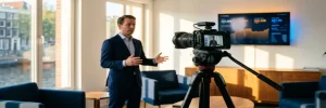 Professionele videocamera op statief filmt zakenman tijdens presentatie in modern Amsterdams kantoor.