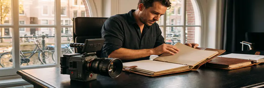 Videodirecteur bekijkt proposaalmappen op modern bureau met cinema camera op de voorgrond in Amsterdams studio.