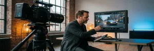 Videodirecteur bekijkt marketingbeelden op een bioscoopmonitor in een Amsterdams studio, met een high-end camera op statief op de voorgrond.
