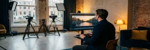 Videodirecteur bekijkt cinematografische beelden op grote monitor in Amsterdams studio, camera-apparatuur en softboxen op achtergrond, warme amber belichting.
