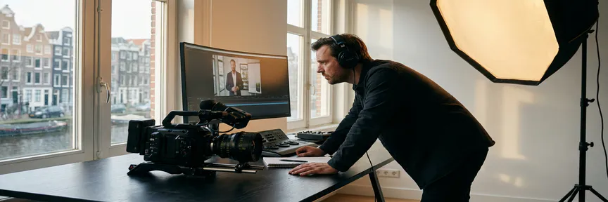 Videodirecteur bekijkt corporate footage op een bioscoopmonitor in een Amsterdam studio, met softbox en schoudergehouden camera op het bureau.