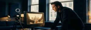 Videodirecteur bekijkt corporate footage op bioscoopmonitor in Amsterdams studio, met warme amber- en marineblauw tinten.