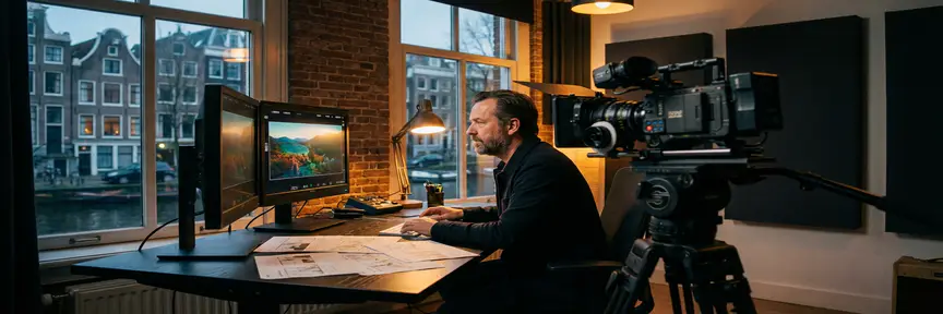 Videodirecteur bekijkt footage op cinematografische monitor in Amsterdams studio, camera op statief op voorgrond, storyboards op bureau.
