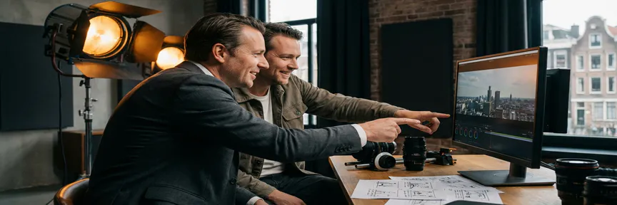 Videodirecteur en B2B-klant in pak bekijken footage op professionele monitor in Amsterdams studio, camera-apparatuur en storyboards zichtbaar.