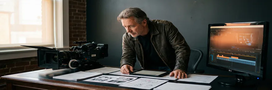 Videodirecteur bestudeert contentstrategie op productiebureau met cinema camera, storyboards en monitor met merktijdlijnen.