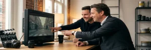 Videodirecteur en klant in pak bekijken ruwe footage op professionele monitor in Amsterdams studio, clapperboard en camera-apparatuur op bureau.