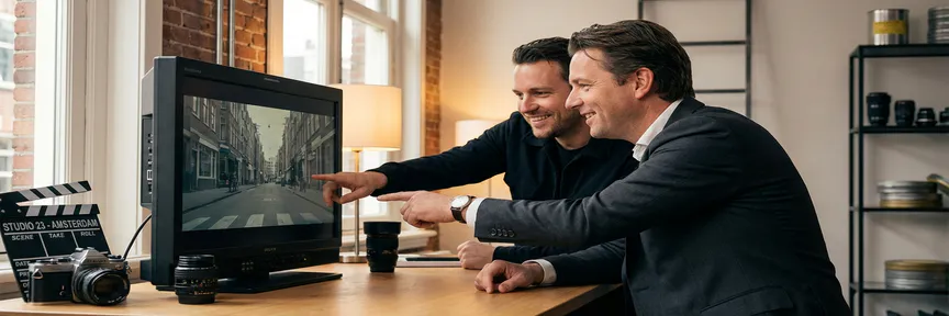 Videodirecteur en klant in pak bekijken ruwe footage op professionele monitor in Amsterdams studio, clapperboard en camera-apparatuur op bureau.